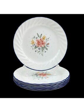 Corelle By Corning 6 Promise Salad Dessert Plates 7.25" White Navy Trim Floral